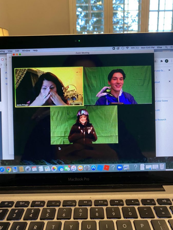 Two of the actors in Almost, Maine work with director Jamie Pringle via Zoom on the virtual performance. 