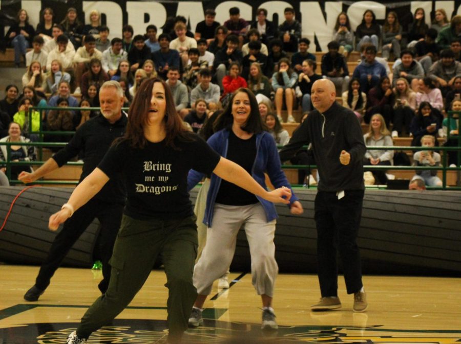 Mrs. Erin Burkamp dances with other invited CSHS staff members as a part of the Bollywood Dance Clubs performance during the Oct. 28 pep rally. 